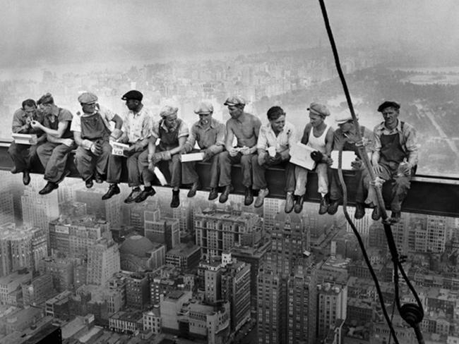 It’s the most perilous yet playful lunch break ever captured — workmen sitting 256m above Manhattan. Three snappers were present at the 1932 shoot — Charles C. Ebbets, Thomas Kelley and William Leftwich — but no-one knows who took it. Picture: Supplied