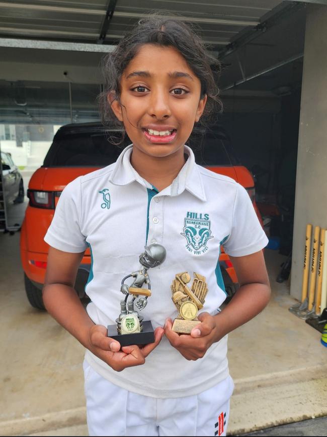 10-year-old Hills Barbarians player Kaya Kumar is a rising star of Sydney cricket. Picture: Contributed