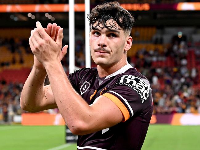 BRISBANE, AUSTRALIA - MARCH 11: Herbie Farnworth of the Broncos celebrates victory after the round one NRL match between the Brisbane Broncos and the South Sydney Rabbitohs at Suncorp Stadium, on March 11, 2022, in Brisbane, Australia. (Photo by Bradley Kanaris/Getty Images)