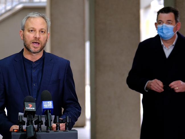 Victorian Premier Daniel Andrews and Victoria chief health officer Brett Sutton attend a press conference. Picture: NCA NewsWire / Luis Ascui