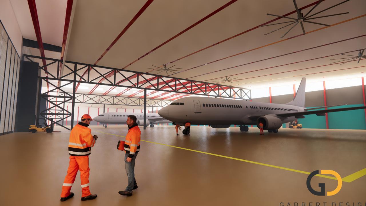 A conceptual render of the 10,000sqm common use maintenance, repair and overhaul (MRO) hangar, a key piece of the eastern aviation precinct.