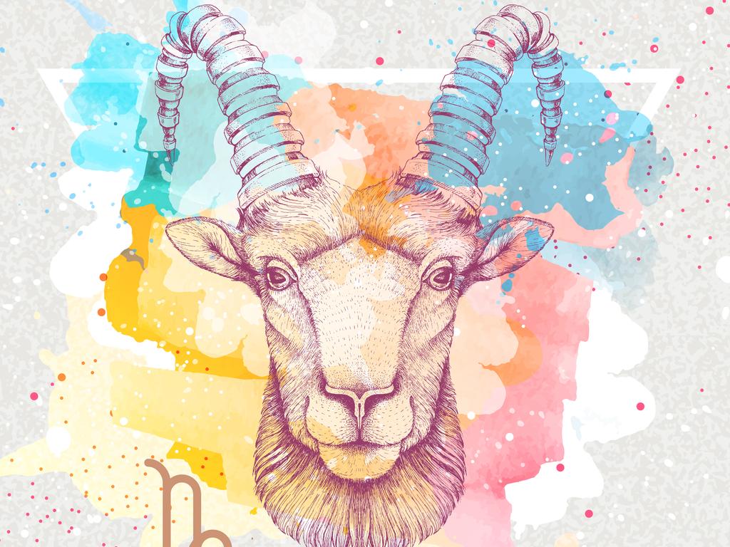 Modern magic witchcraft card with astrology Capricorn zodiac sign on artistic watercolor background. Realistic hand drawing ram or mouflon head.