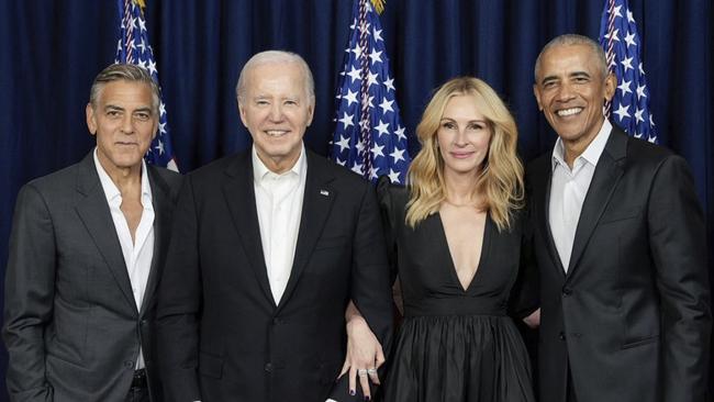 (L-R) George Clooney, President Joe Biden, Julia Roberts and former president Barack Obama at a Democrat party fundraiser in Los Angeles. Picture: Instagram @juliaroberts