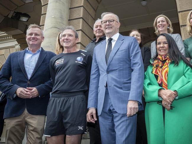 Run for the Voice start, Tasmanian Premier Jeremy Rockliff, Pat Farmer, Prime Minister Anthony Albanese, Linda Burney MP and Hobart Lord Mayor Anna Reynolds at Town Hall, Hobart. Picture: Chris Kidd