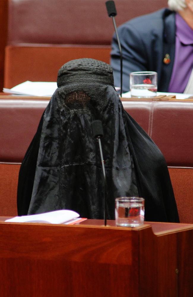 Pauline Hanson in Senate Question Time in a burqa. Picture: Gary Ramage