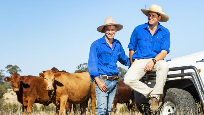 Nicholas Henderson and Ross Bratt are working towards making their cattle station west of Roma carbon neutral. Picture: Lachie Millard