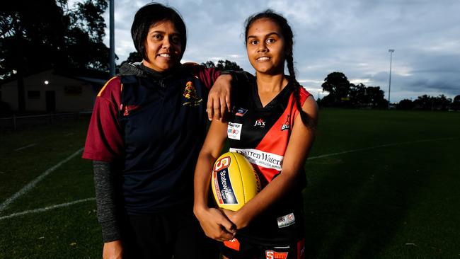 Bronwyn Davey, pictured last year with her daughter, Tesharna Maher, who was involved with West Adelaide before switching to Woodville-West Torrens this season. Picture: AAP/Morgan Sette
