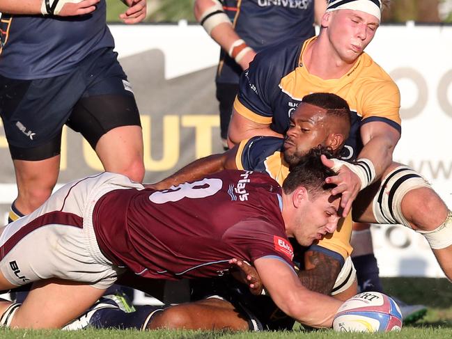 Bond University vs. University of Queensland in Round 3 of the Brisbane Premier Rugby competition. Photo of Pat Morrey scoring. Photo: Richard Gosling