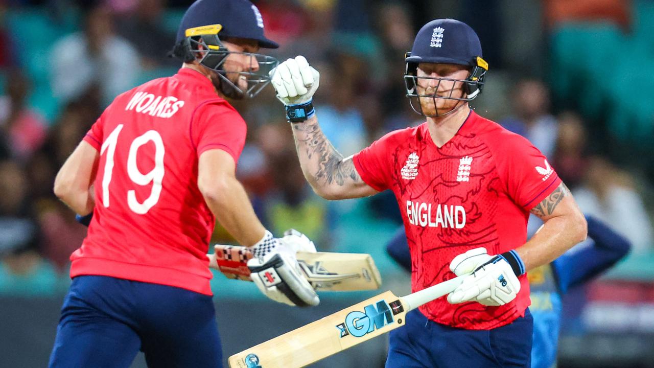 England’s Ben Stokes (R) celebrates after teammate Chris Woakes hit the winning runs against Sri Lanka. (Photo by DAVID GRAY / AFP)