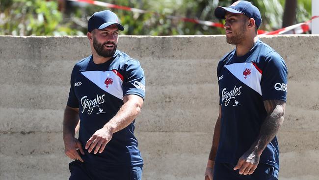 New Roosters signing James Tedesco walks to a closed training session at Moore Park.