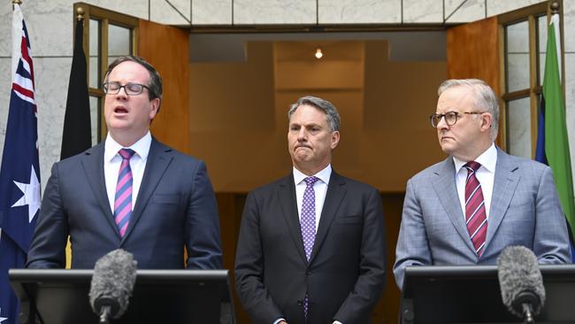 Anthony Albanese, Richard Marles and Matt Keogh hold a press conference in Canberra. Picture: Martin Ollman