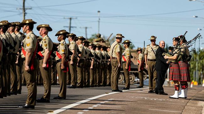 Mayor Ramon Jayo shakes hands with members of the 3rd Battalion, The Royal Australian Regiment during the Freedom of Entry Parade on 22 October 2022, Ingham, Queensland. Picture: BDR Guy Sadler