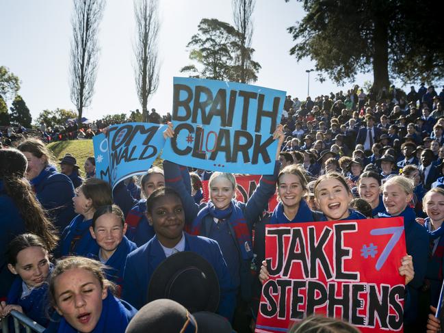 The Downlands student body show their support for their team during the O'Callaghan Cup on Grammar Downlands Day at Toowoomba Grammar School, Saturday, August 19, 2023. Picture: Kevin Farmer