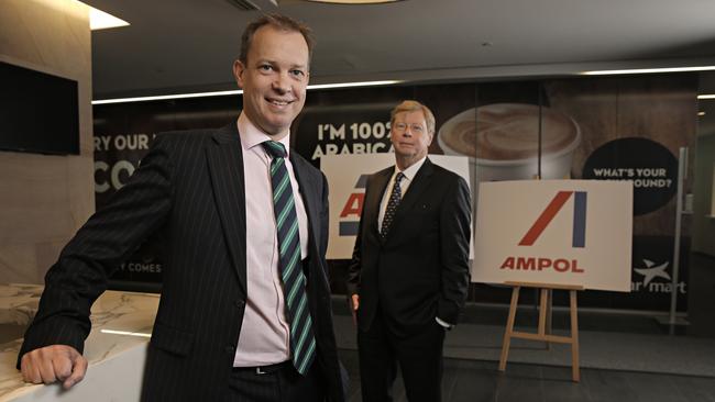 Interim CEO of Ampol Matt Halliday and Ampol Chairman Steven Gregg get ready to rebrand. Picture: Adam Yip