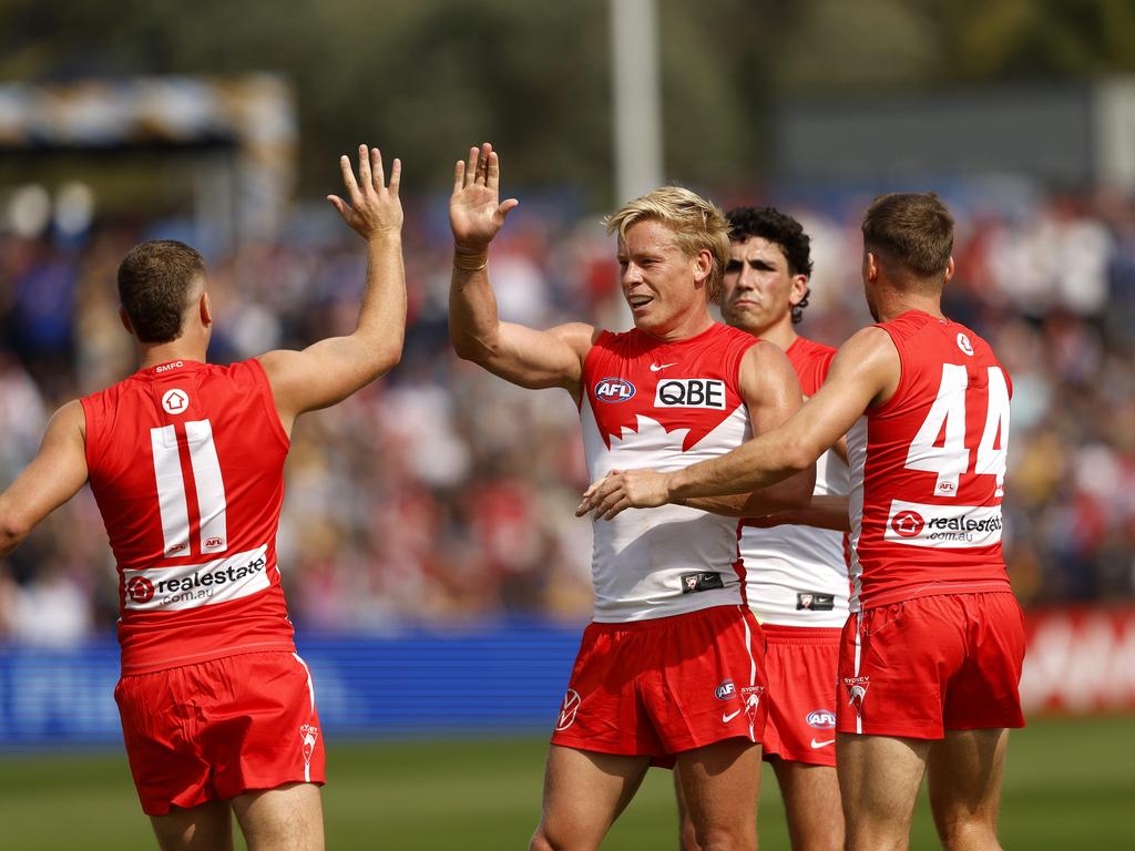 Sydney's Isaac Heeney celebrates kicking a goal during the AFL Gather Round match between the Sydney Swans and West Coast Eagles at Mount Barker. Picture: Phil Hillyard.