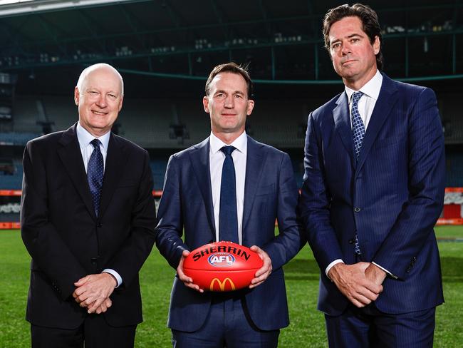 Richard Goyder with Andrew Dillon and Andrew Demetriou. Picture: Dylan Burns/AFL Photos via Getty Images