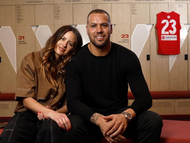 Sydney Swans star Lance Franklin today announced that he will retire from the game effective immediately. Buddy with his wife Jesinta in the dressing rooms today after addressing the playing group. July 31, 2023. Photo by Phil Hillyard(Image Supplied for Editorial Use only - **NO ON SALES** - Â©Phil Hillyard )