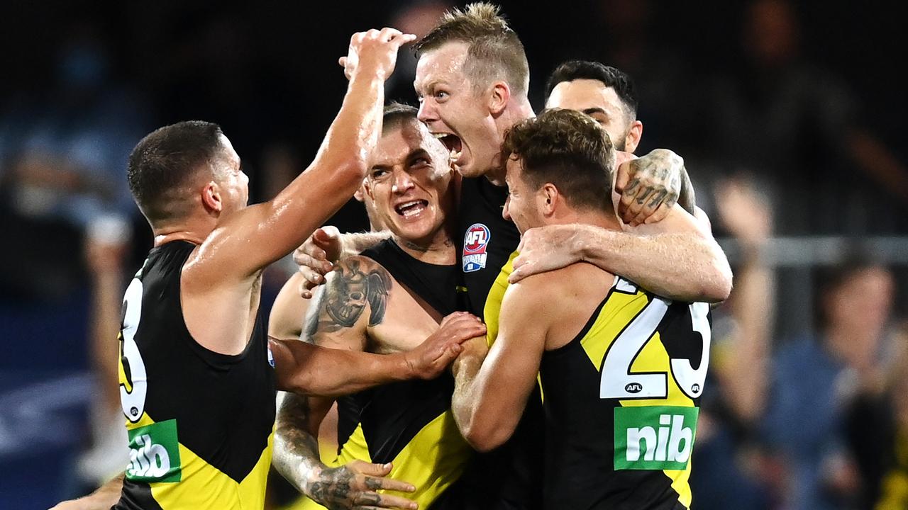 Jack Riewoldt celebrates a goal during the 2020 Grand Final. Picture: Quinn Rooney/Getty Images.