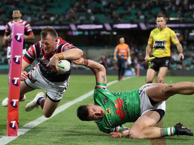 *APAC Sports Pictures of the Week - 2020, October 12* - SYDNEY, AUSTRALIA - OCTOBER 09:  Josh Morris of the Roosters is tackled by Charnze Nicoll-Klokstad of the Raiders during the NRL Semi Final match between the Sydney Roosters and the Canberra Raiders at the Sydney Cricket Ground on October 09, 2020 in Sydney, Australia. (Photo by Cameron Spencer/Getty Images)