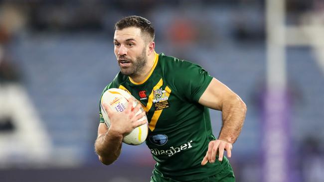 HUDDERSFIELD, ENGLAND - NOVEMBER 04: James Tedesco of Australia runs with the ball during the Rugby League World Cup Quarter Final match between Australia and Lebanon at John Smith's Stadium on November 04, 2022 in Huddersfield, England. (Photo by Jan Kruger/Getty Images for RLWC)