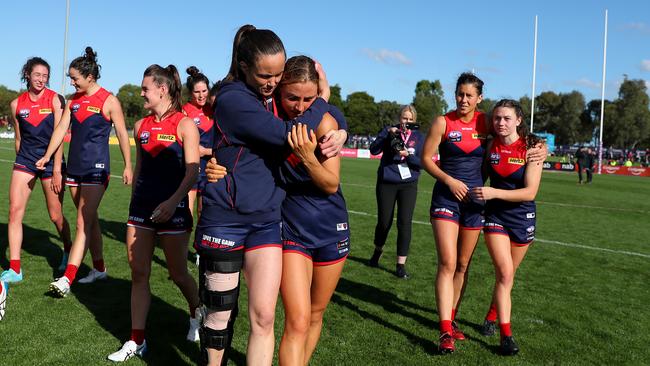 Daisy Pearce with teammates after Melbourne’s Round 9 win. Picture: Getty Images