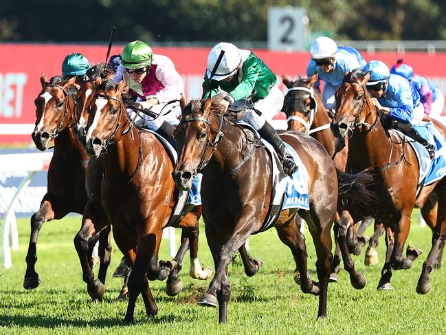 SYDNEY, AUSTRALIA - APRIL 06: Jason Collett riding Manaal wins Race 6 Inglis Sires during Sydney Racing at Royal Randwick Racecourse on April 06, 2024 in Sydney, Australia. (Photo by Jeremy Ng/Getty Images)