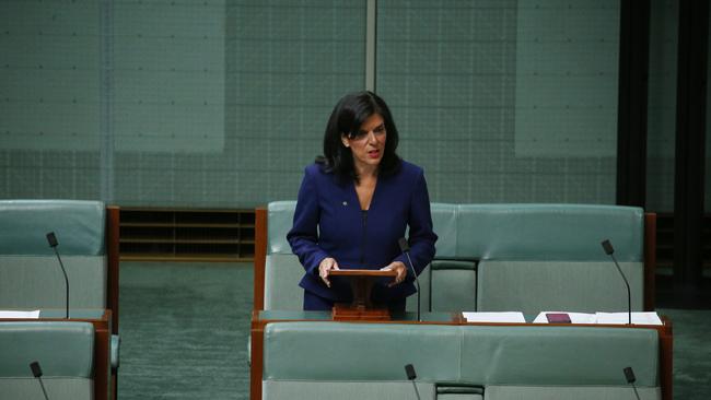 Julia Banks stands in the House of Representatives to resign as a Liberal backbencher. Picture Gary Ramage