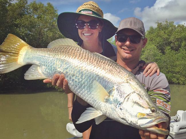 <s1>Tiffany Parsell and Grant Edwards with one of several barra in the 90cm range that they caught on an extended boating safari out from the South Alligator River.</s1>