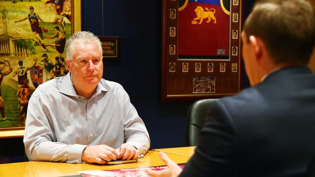 Brisbane CEO Greg Swann speaks to Queensland Minister for Sport Mick de Brenni. Picture: Liam Kidston.