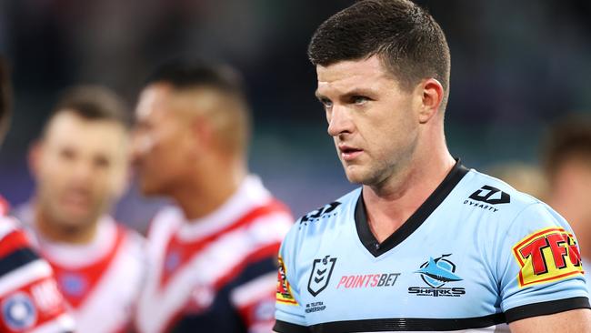 SYDNEY, AUSTRALIA - APRIL 10:  Chad Townsend of the Sharks looks dejected after defeat during the round five NRL match between the Sydney Roosters and the Cronulla Sharks at Sydney Cricket Ground, on April 10, 2021, in Sydney, Australia. (Photo by Mark Kolbe/Getty Images)