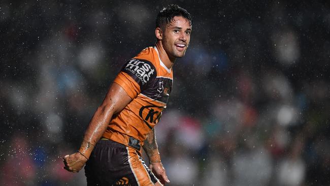 Jesse Arthars celebrates a try for the Broncos. Picture: Gregg Porteous/NRL Photos