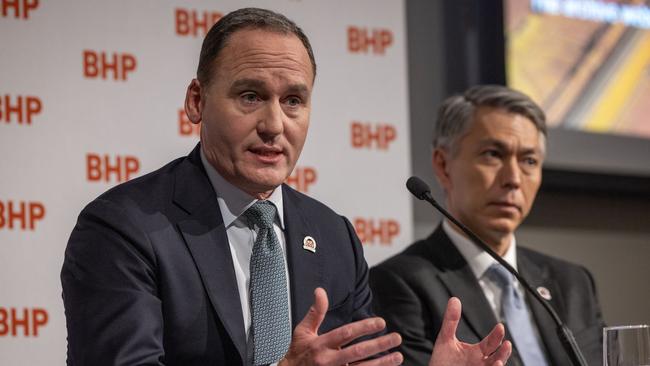 BHP chairman Ken MacKenzie and chief executive Mike Henry. Picture: Emma Brasier