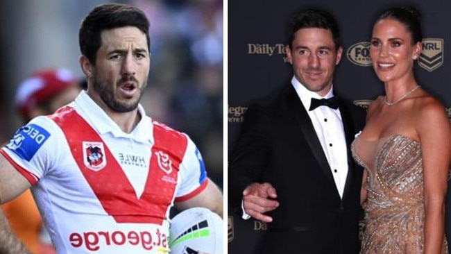 Ben Hunt at the Dragons and with wife Bridget. Photos: Supplied/Getty Images