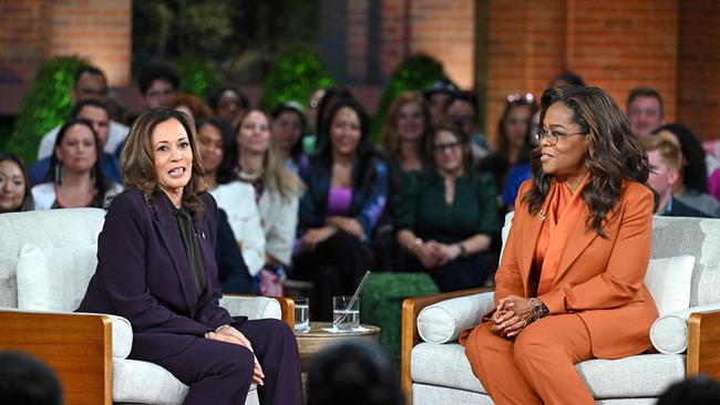 US Vice President and Democratic presidential candidate Kamala Harris (L) joins US television producer Oprah Winfrey at a 'Unite for America' live streaming rally in Farmington Hills, Michigan, on September 19, 2024. (Photo by SAUL LOEB / AFP)