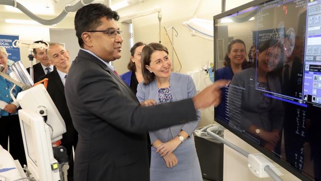 NSW Premier Gladys Berejiklian at Liverpool Hospital today with Professor Rohan Rajaratnam.