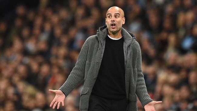 Manchester City manager Pep Guardiola reacts to a missed opportunity against Shakhtar Donetskin the Champions League. Picture: AFP