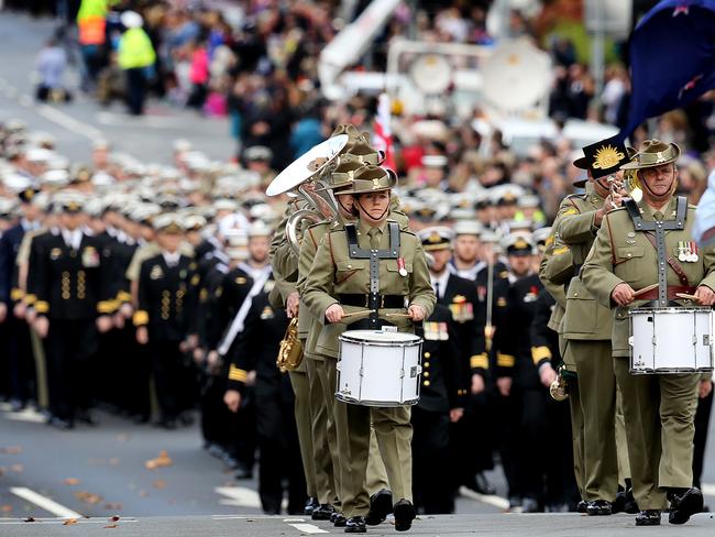 Members of the Australian Army Band in Tasmania lead the march down Macquarie St in Hobart. Picture: Supplied.