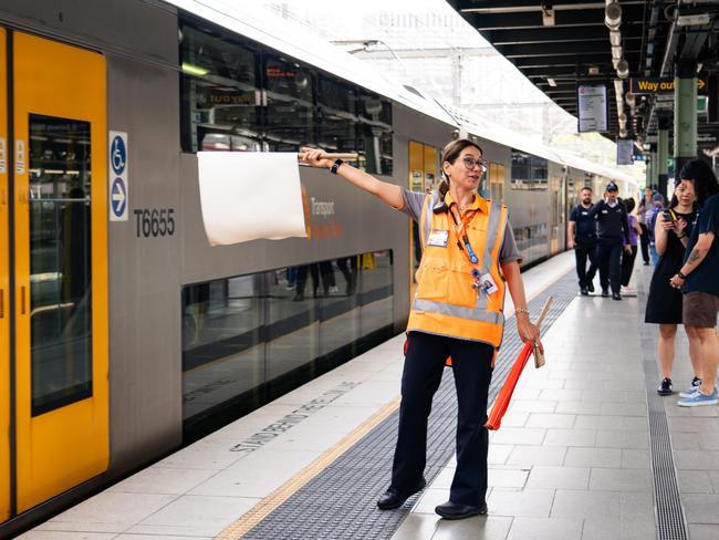 Commuters board the few running trains from Central station as many platforms remain closed as industrial work continues at Central Station in Sydney. Picture: Tom Parrish