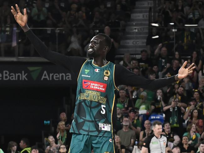 HOBART, AUSTRALIA - JANUARY 10: Majok Deng of the Jackjumpers pumps up the crowd during the round 16 NBL match between Tasmania Jackjumpers and Adelaide 36ers at MyState Bank Arena, on January 10, 2025, in Hobart, Australia. (Photo by Simon Sturzaker/Getty Images)