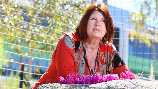 Pam Gurner-Hall at the memorial dedicated to her long-term partner Jorge Castillo-Riffo, who died after a workplace incident on the new Royal Adelaide Hospital site two years ago. Photo: Tait Schmaal.