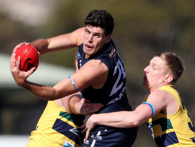 SANFL - Saturday, 15th August, 2020 - South Adelaide v Woodville West-Torrens at Noarlunga South Adelaide Jesse McKinnon under pressure from Eagles Joe Sinor Picture: Sarah Reed