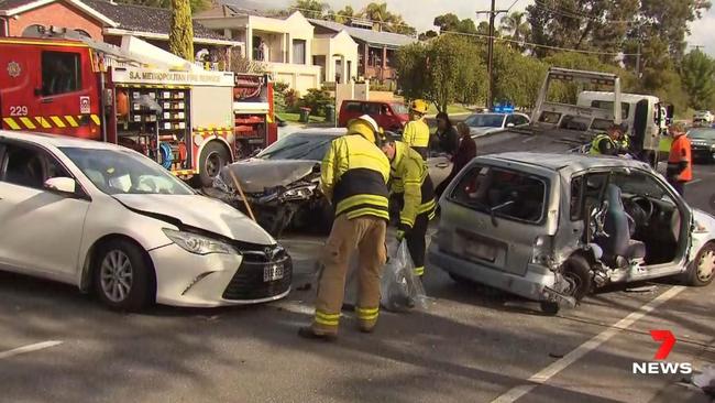 A three-car pile-up on Lower North East Road, Highbury seriously injuring a pregnant mother trapped inside her hatchback. Picture:7NEWS