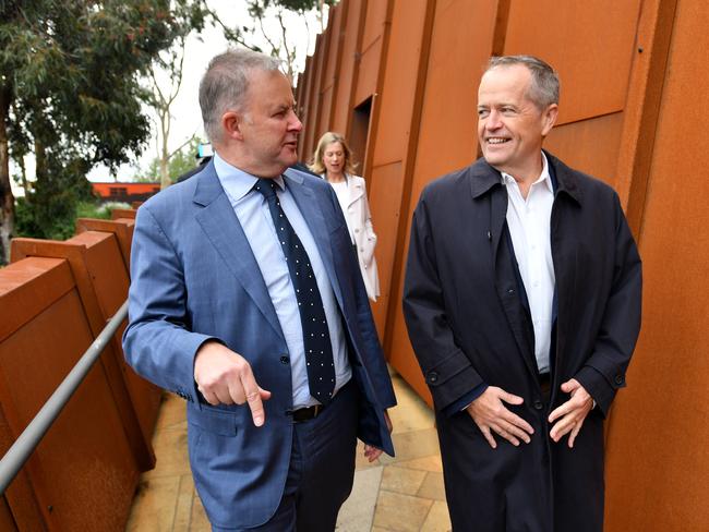 The Federal Member for Grayndler Anthony Albanese (left) and Australian Opposition Leader Bill Shorten (right) are seen at MONA to announce that a future Shorten government will invest $120 million into Tasmanian tourism projects during a visit to Hobart, Saturday, April 27, 2019. Picture: AAP IMAGE/DARREN ENGLAND