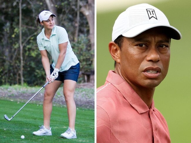 Ash Barty and Tiger Woods. Pictures: Supplied; Jamie Squire/Getty Images/AFP