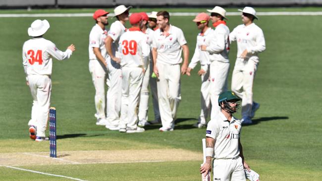 South Australia’s players celebrate the wicket of Matthew Wade. Picture: AAP