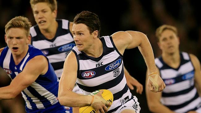 Patrick Dangerfield bursts away from a stoppage on his way to a career-high 229 points.