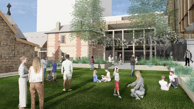 Artist impression of proposed outside court area at Trinity Church on North Tce. Picture: Brown Falconer