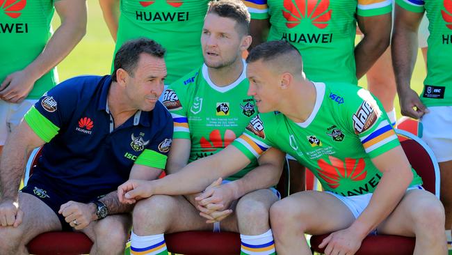 Ricky Stuart talks to Jarrod Croker and Jack Wighton. Picture: Mark Evans/Getty Images