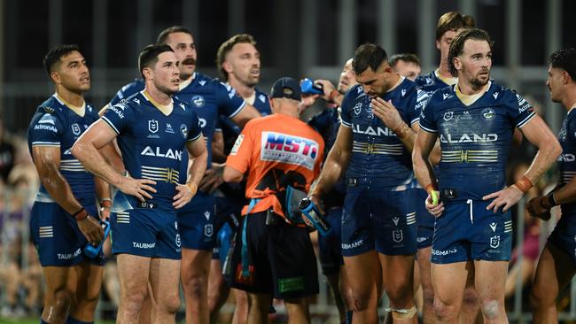 The Eels look dejected after a Brisbane try. Picture: NRL Images