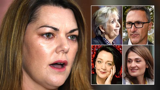 Greens Senator Sarah Hanson-Young and (inset, clockwise from top left) Jane Caro, Richard Di Natale, Patricia Karvelas and Wendy Harmer.